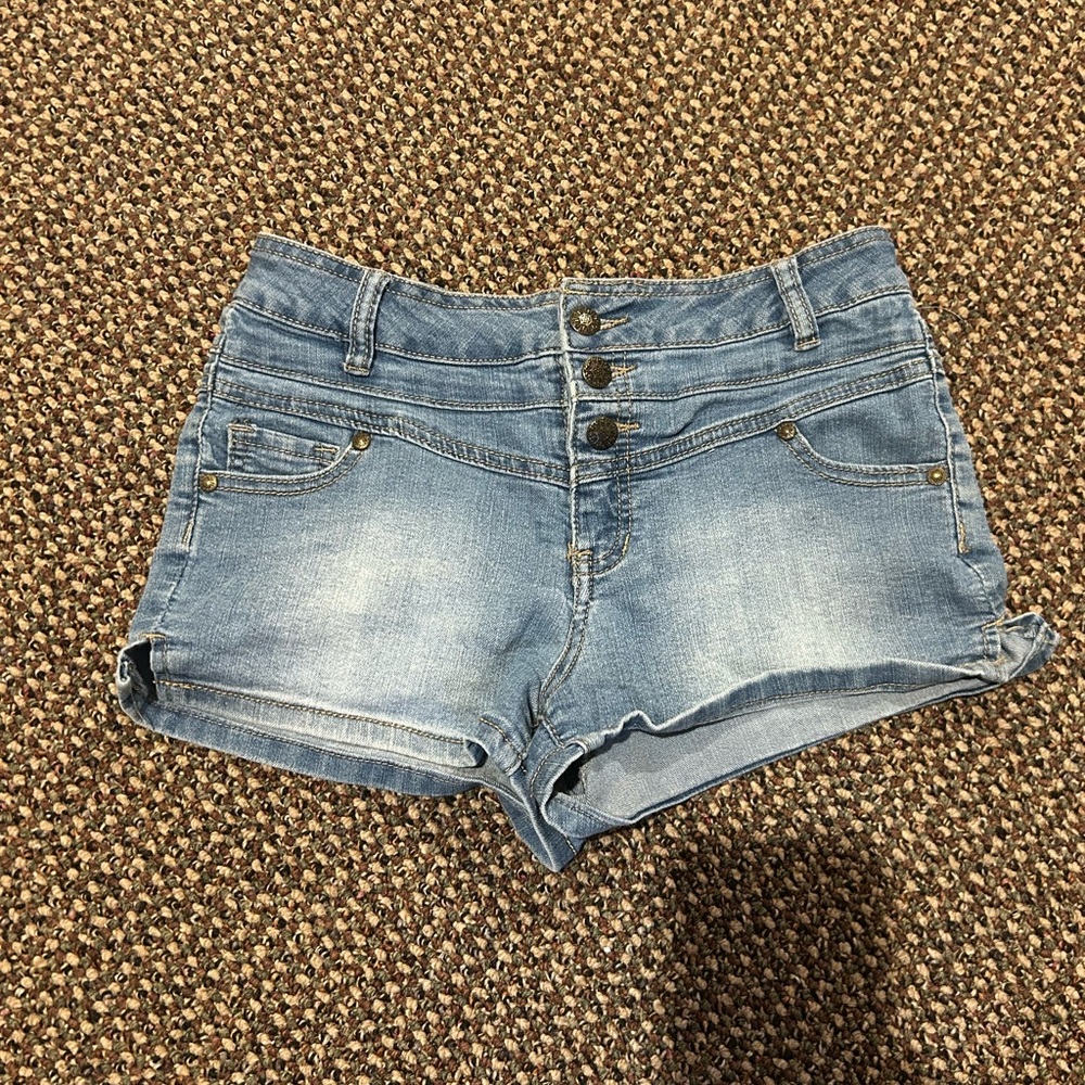 Blue High-Waisted Jean Shorts with Cuffed Hem